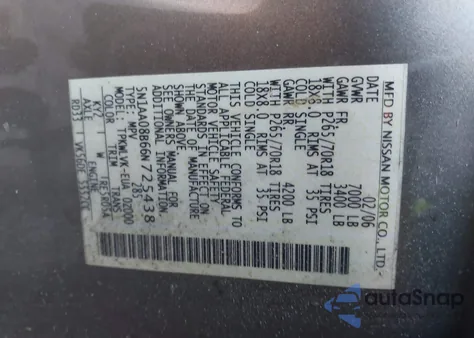 2006 Nissan Armada Le from USA, damaged, VIN 5N1AA08B66N725438